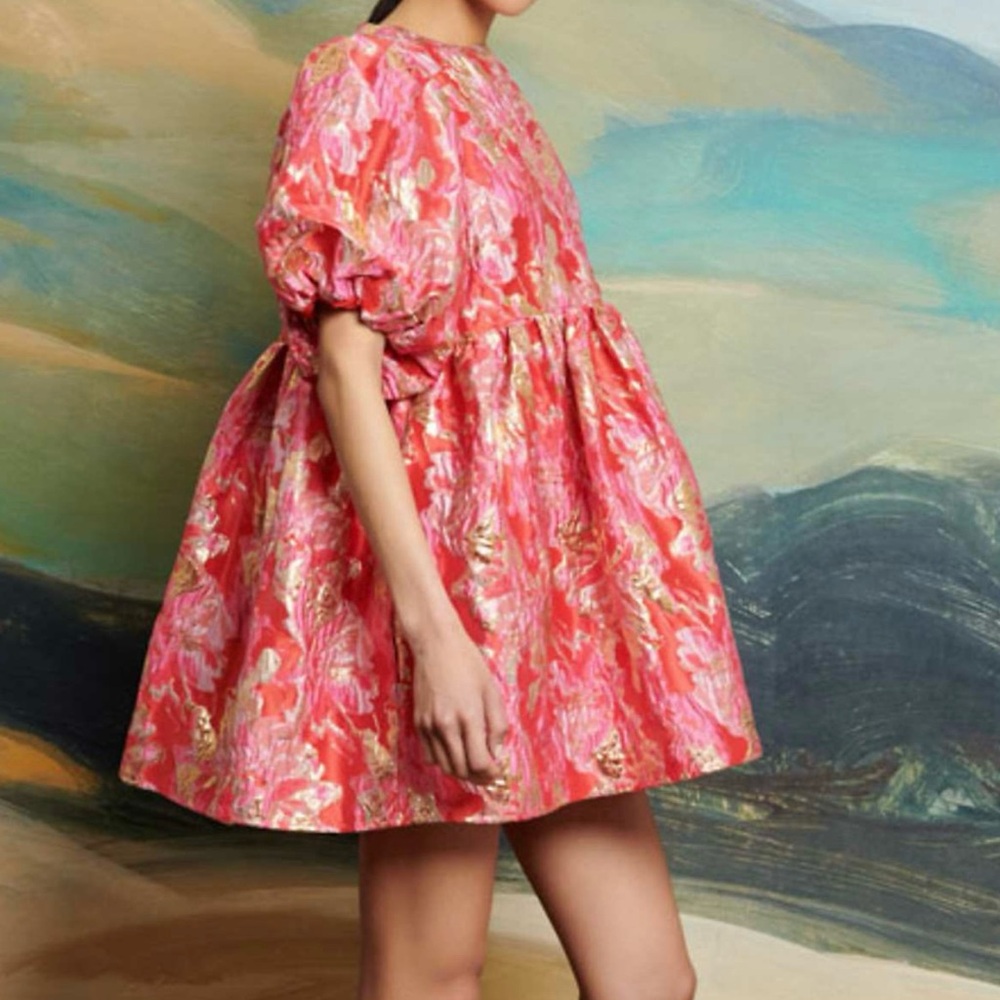 Sister Jane Jacquard Pink and Gold Puff Sleeve Mini Dress (XS)